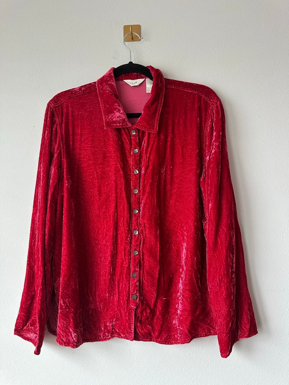 Vintage J.Jill Red Crushed Velvet Button Down Blouse 90s Romantic Whimsigoth